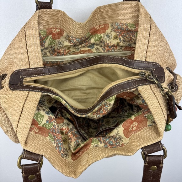 Fossil Beige Canvas Shoulder Bag with Brown Leather Handles - Picture 8 of 15